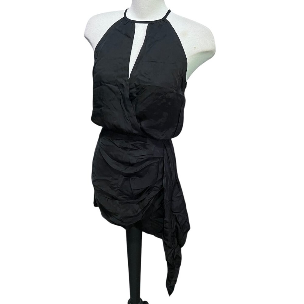 Halara Black Silky Cut Out Mini Dress Sz Small Black Sleeveless Tie Back